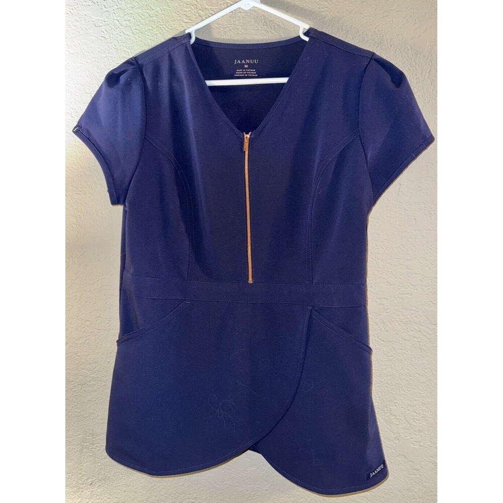 Jaanuu Tulip Women’s Size M Medical Scrub Top Navy Blue w/ Gold Zipper
